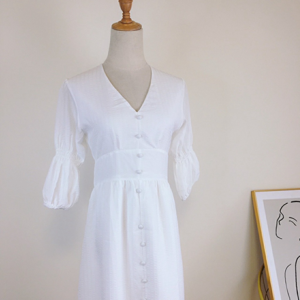 Váy Đầm Trắng Cổ V Bo Tay Cực Xinh Mẫu Mới