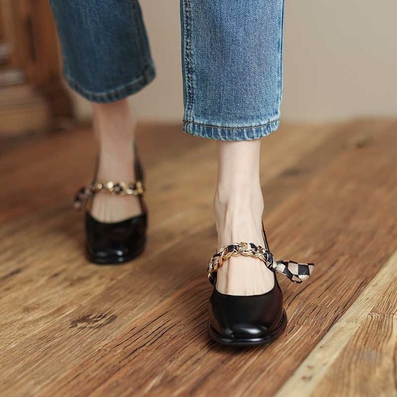 Giày cao gót IELGY mũi vuông bằng da bóng đơn giản cho nữ