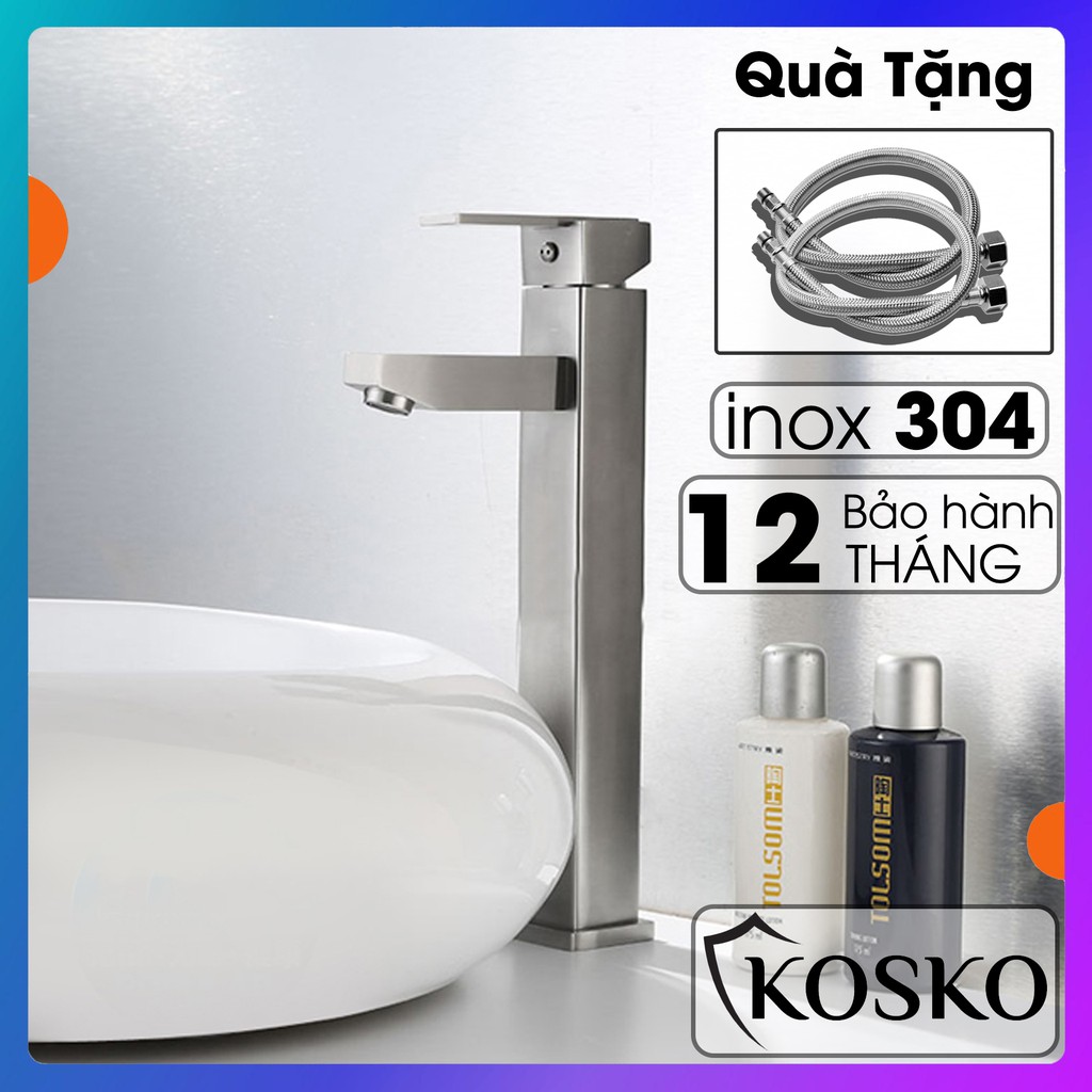 Vòi lavabo NL inox SUS 304 KOSKO vuông cao 30cm (Hàng chuẩn loại 1) (Tặng kèm dây cấp) phù hợp với mọi loại chậu rửa mặt