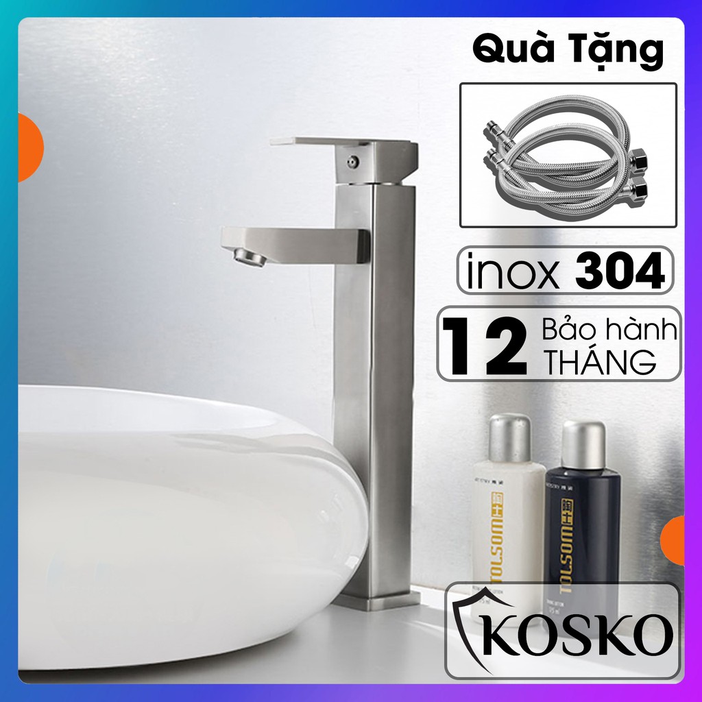 Vòi rửa mặt nóng lạnh inox 304 Vuông (Tặng kèm dây cấp bảo hành 12 tháng), Vòi lavabo nóng lạnh inox 304