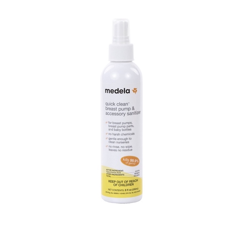 Bình xịt vệ sinh phụ kiện & máy hút sữa nhanh của Medela giúp loại bỏ 99,9% vi khuẩn và vi rút 236ml