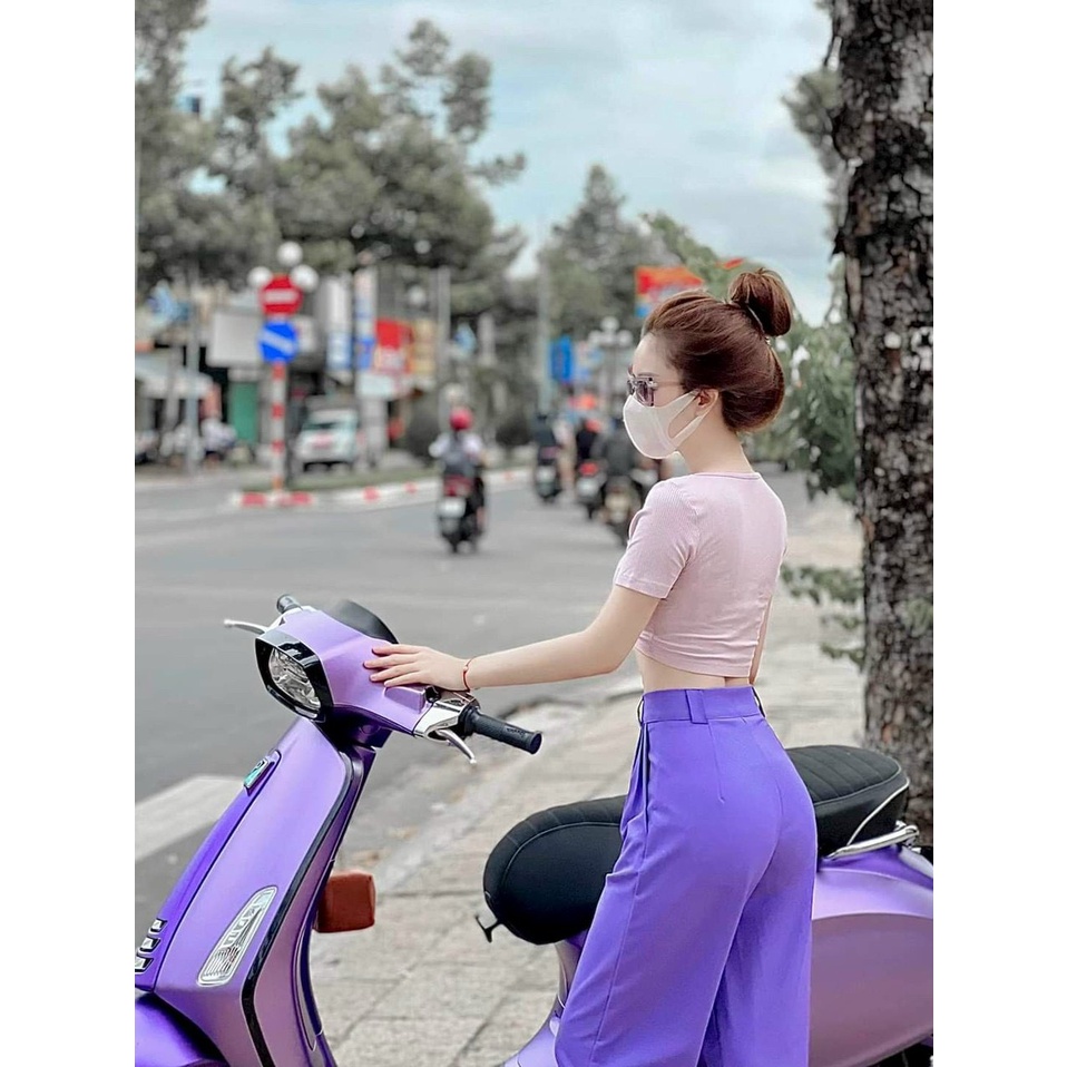 Sét bộ đồ nữ áo thun croptop kèm quần ống rộng màu tím xìteen