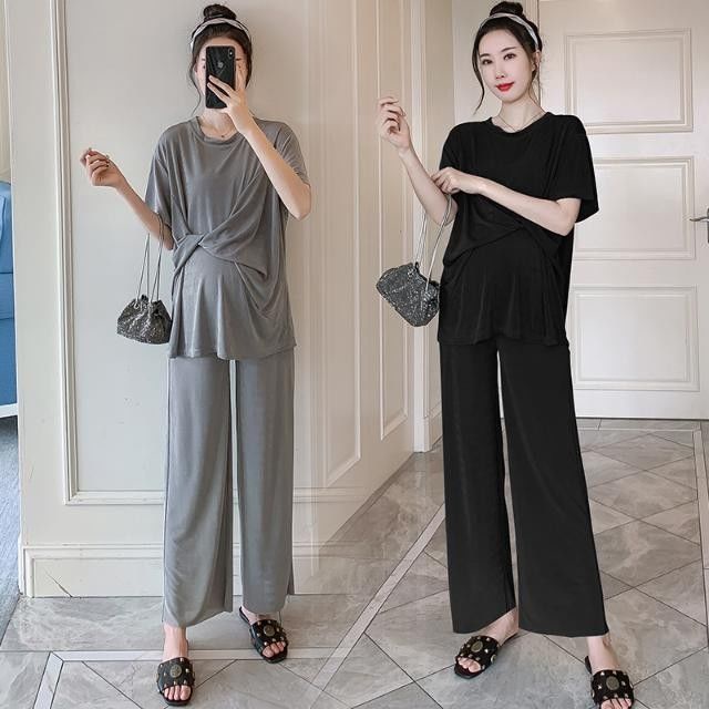 Bộ đồ bà bầu kiểu tây mùa hè bộ đồ ngắn tay mùa hè mới phụ nữ mang thai áo thun ngắn tay hỗ trợ bụng quần ống rộng hai m