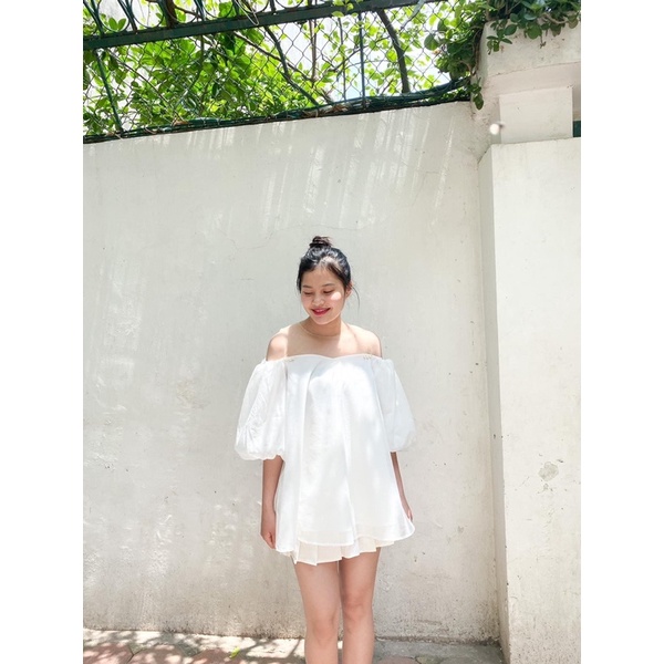 Áo váy trễ vai - Áo babydoll tay bồng phối ren lưới