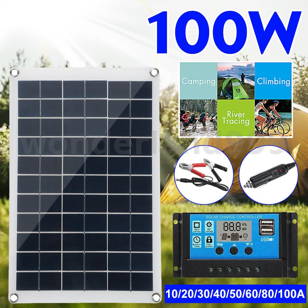 Tấm Sạc Năng Lượng Mặt Trời 100W 12V Kèm Bộ Điều Khiển LCD 10-100A Cho Thuyền Caravan Van