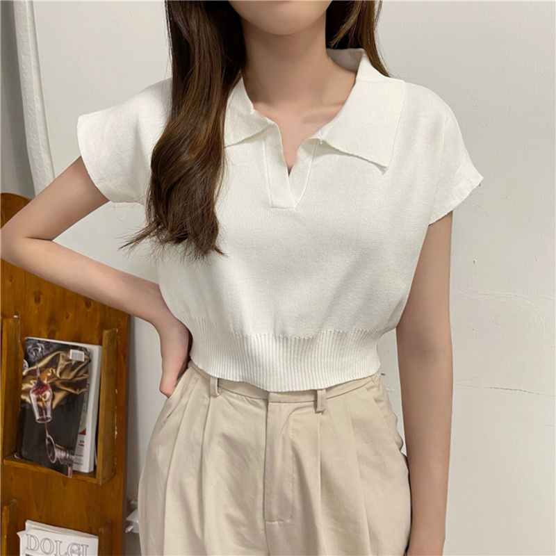 Áo Thun Croptop Dệt Kim Tay Ngắn Cổ Chữ V Dáng Ôm Thời Trang Quyến Rũ Cho Nữ