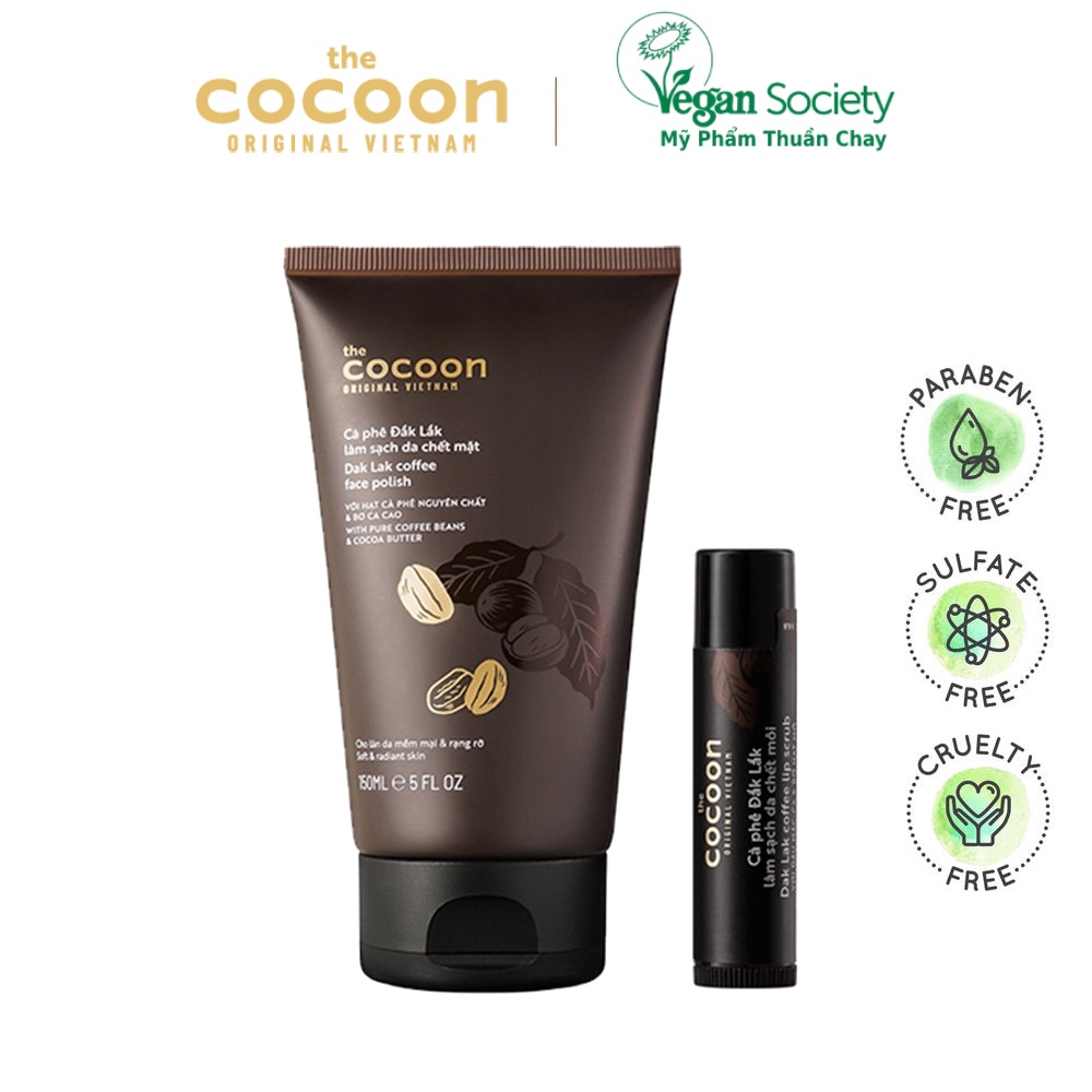 Combo cà phê tẩy da chết da mặt cocoon 150ml + tẩy da chết son môi cocoon 5g