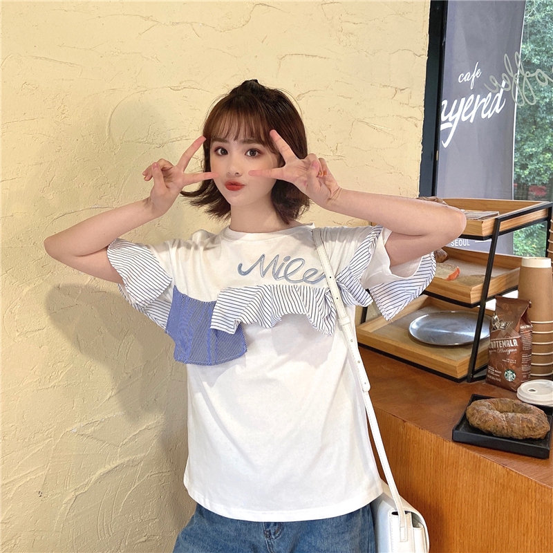 SUXI Áo Thun Tay Ngắn Cổ Tròn Phối Bèo Phong Cách Hàn Quốc Cho Nữ