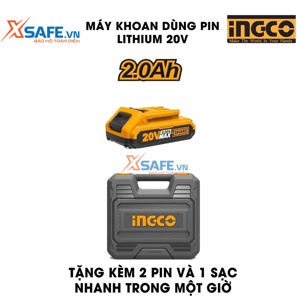 Máy khoan búa dùng Pin Lithium 20V INGCO CDLI200215 Kèm 2 pin 1 sạc, hai tốc độ 0-400/min và 0-1500/min - chính hãng