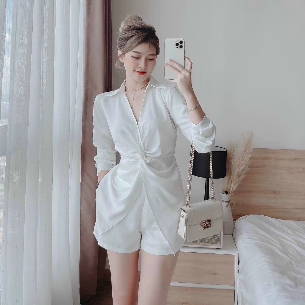 Set bộ đồ nữ MINH PHÚC, sét áo sơ mi phối quần đùi chất liệu tuyết nhung 2 màu trắng trắng, đen sang chảnh thanh lịch