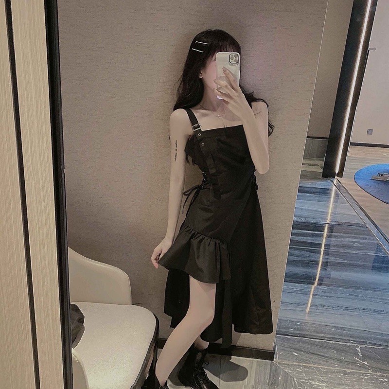 Đầm 2 Dây Dáng Xòe Màu Đen Dự Tiệc, Thiết Kế Lệch Tà, Thời Trang Mùa Hè Siêu Ngầu Cho Nữ, Mẫu Mới Năm 2021