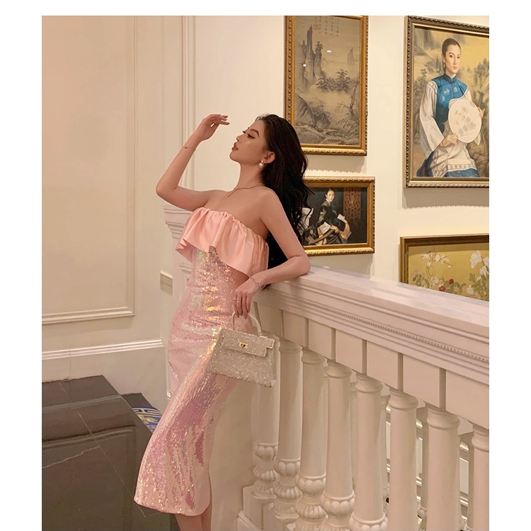 Đầm Cúp Ngực Ôm Dáng Đính Sequin Lấp Lánh Phong Cách Quyến Rũ Dành Cho Nữ