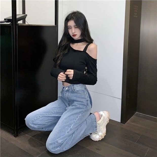 Áo Croptop Tay Dài Trễ Vai Màu Đen Phong Cách Hàn Quốc Cho Nữ