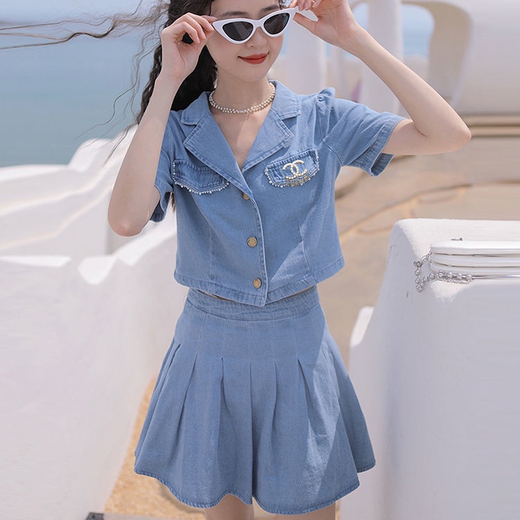 Bộ Áo Sơ Mi denim + Chân váy jean Xếp Ly Lưng Cao Thời Trang Hàn Quốc Dành Cho Nữ 2022