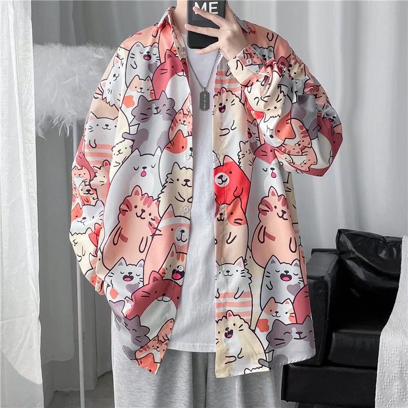 Wrinkle-resistant Long Sleeve Shirt Printed Cartoon Cat Korean Style Autumn Winter Men's Fashion