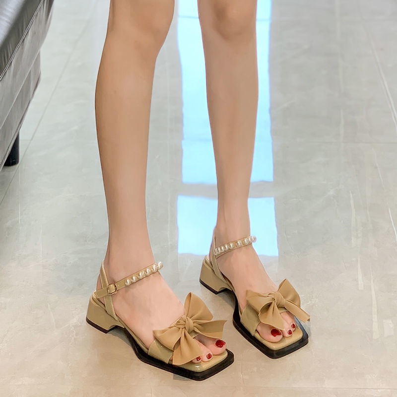 Giày Sandal Roman Gót Thấp Đính Nơ Và Ngọc Trai Dễ Thương Xinh Xắn Dành Cho Nữ