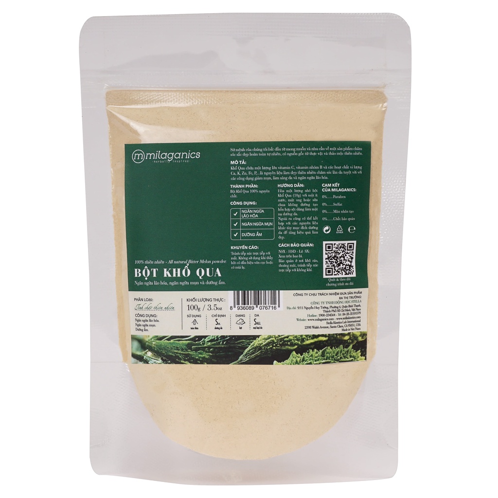 Bột Khổ Qua Nguyên Chất Đắp Mặt Nạ Ngăn Ngừa Mụn &amp; Mờ Vết Thâm MILAGANICS 100gr (Túi Zip)