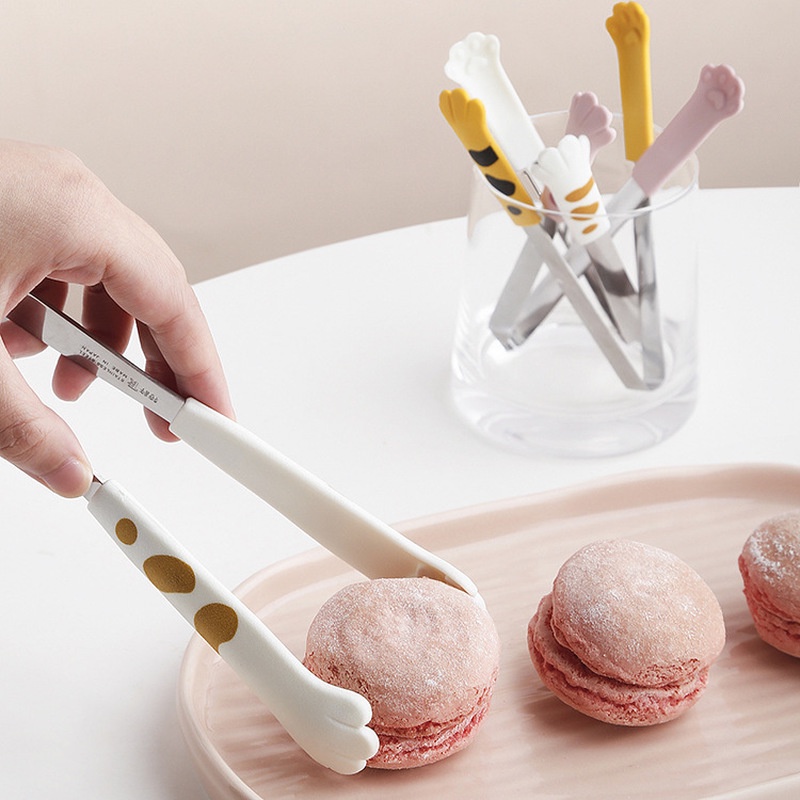 Kẹp Gắp Thức Ăn Cỡ Nhỏ 12cm Bằng Thép Không Gỉ Chống Trượt Họa Tiết Chân Mèo Hoạt Hình Dễ Thương