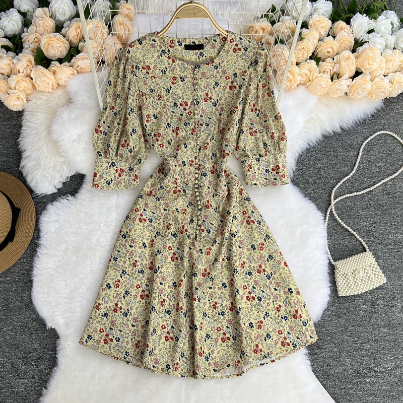 Đầm ôm eo IELGY cổ tròn phong cách Pháp retro thời trang cho nữ