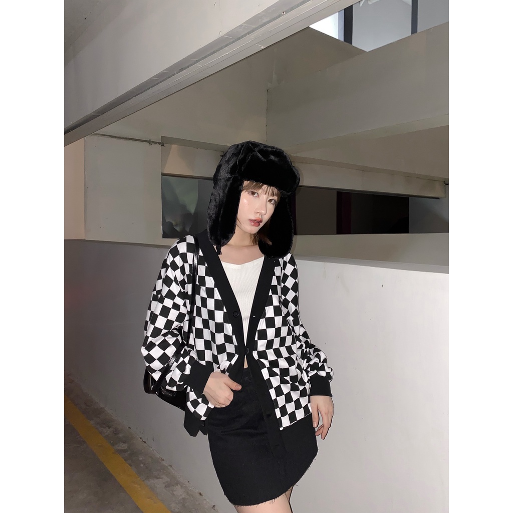 Usthebasic - Áo khoác Checkerboard Fabric Cardigan