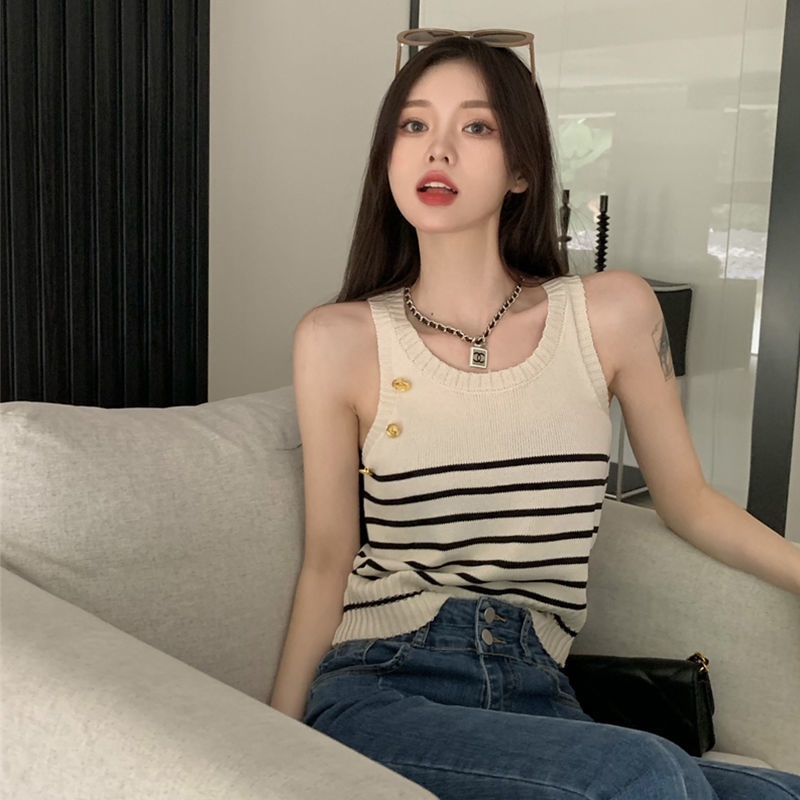 Áo hai dây ZHELIHANGFEI dệt kim họa tiết kẻ sọc phong cách quyến rũ