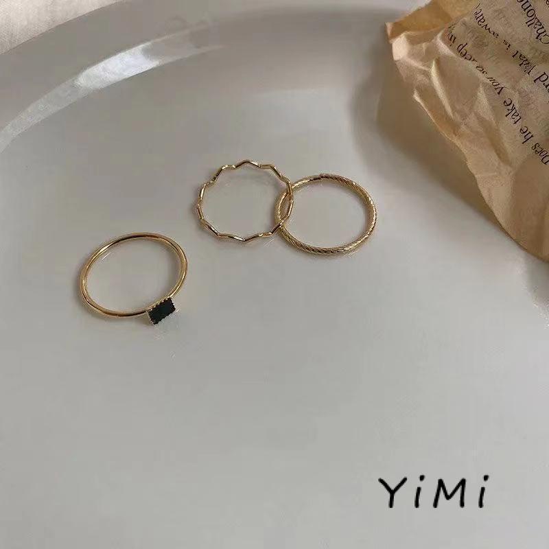 Nhẫn Ba Mảnh Đính Đá Zircon Đen Thiết Kế Đơn Giản Chất Lượng Cao Thiết Kế Niche Hình