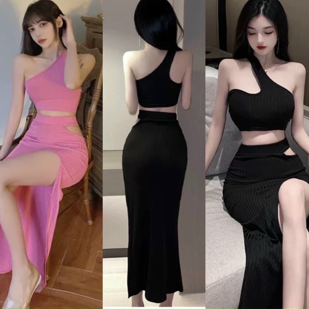 Set váy body gồm chân váy dài xẻ tà + áo croptop ống phối dây choàng cổ chất thun gân xương cá