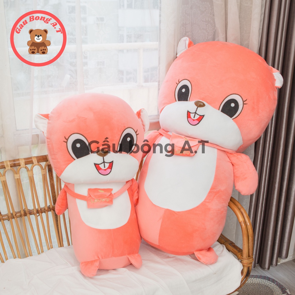 Gấu Bông Sóc Hông đeo túi cute dễ thương, Sóc răng thỏ khủng lồ, Gối ôm hình thú nhồi bông size 75cm-1m