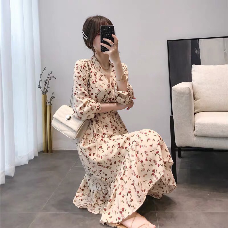 Đầm hoa nhí kiểu đuôi cá bánh bèo vintage chất voan mát mẻ phong cách ulzzang Hàn Quốc V14 - Peyy Clothing