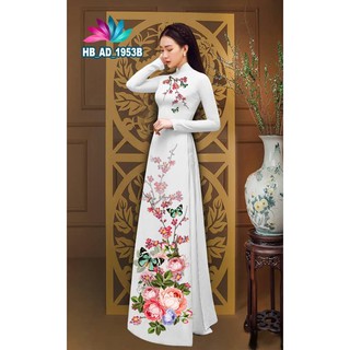 áo dài nữ cổ tròn màu trắng - vàng - xanh - đỏ họa tiết hoa đơn giản