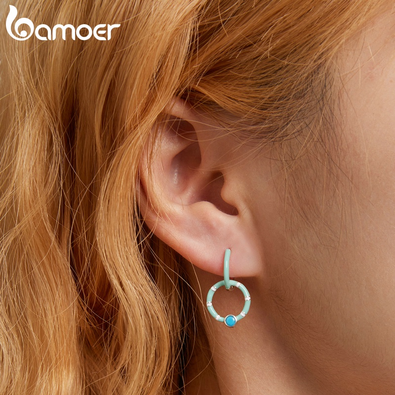Khuyên tai/ Nhẫn BAMOER bạc 925 đính đá ngọc lam nhân tạo phong cách đơn giản thời trang dành cho nữ