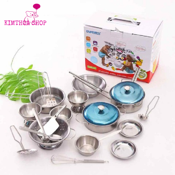 Bộ đồ chơi nấu ăn inox 40 chi tiết cho bé, bộ nồi nấu ăn mini có thể nấu trên lửa