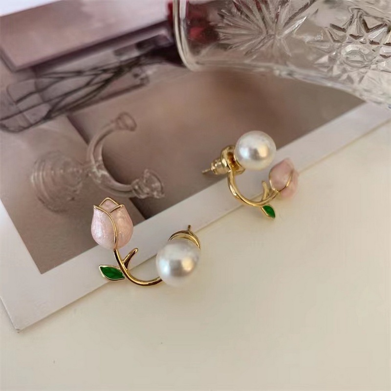 1 Đôi Bông Tai Hoa Tulip Đính Ngọc Trai Thời Trang Ngọt Ngào Dành Cho Nữ