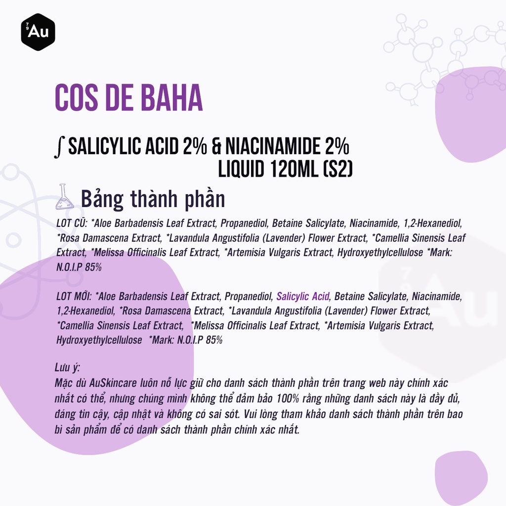 Cos De BAHA | Dung Dịch Salicylic Acid 2% &amp; Niacinamide 2% - Hỗ Trợ Làm Sạch Lỗ Chân Lông 120ML (S2)