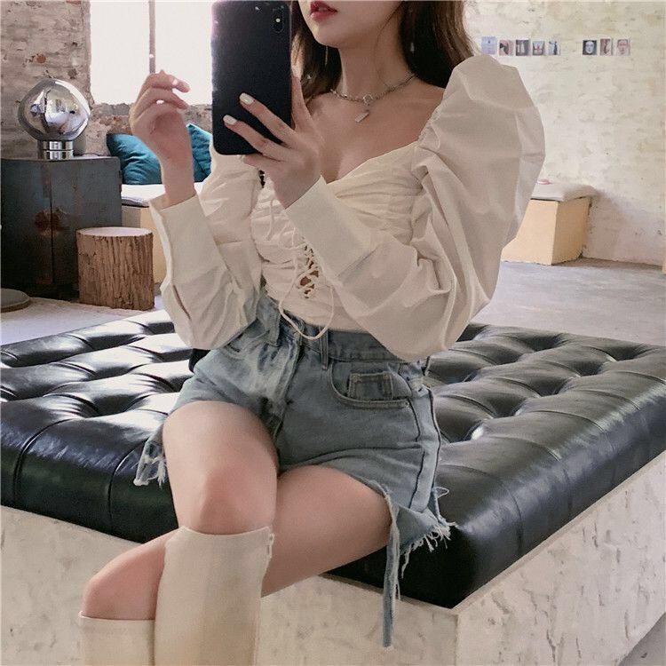 Áo sơ mi tay dài đan dây chéo trước ngực thời trang nữ - Emilyshop