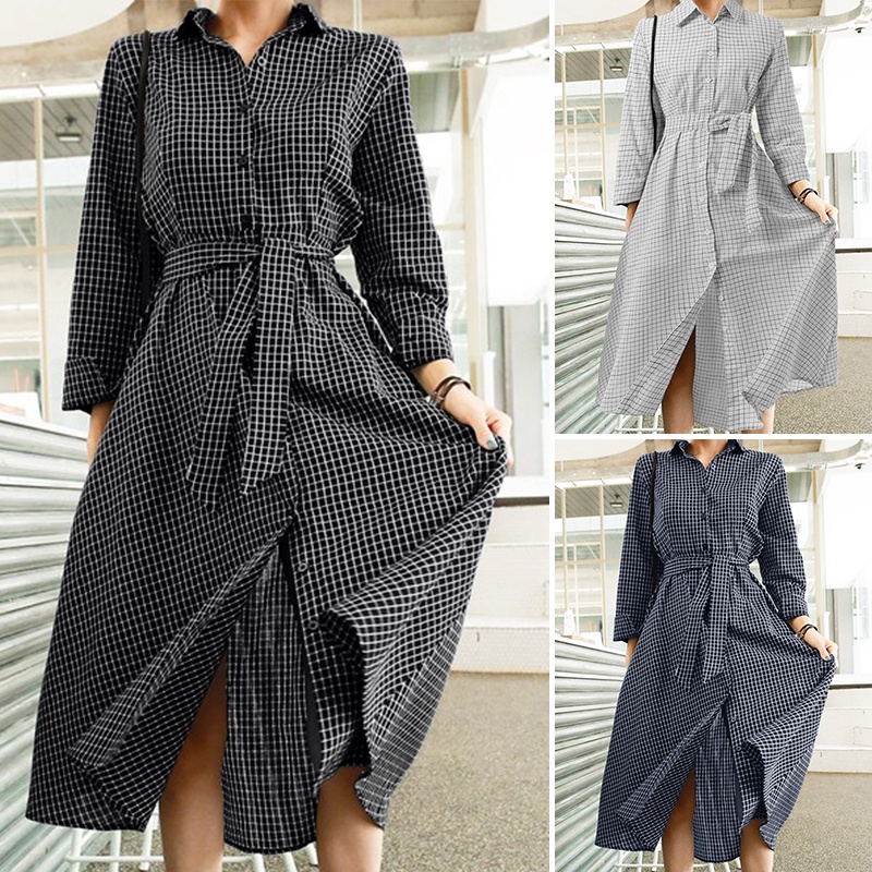 Đầm dài ZANZEA tay dài cổ bẻ họa tiết sọc caro thời trang phong cách Hàn Quốc cho nữ