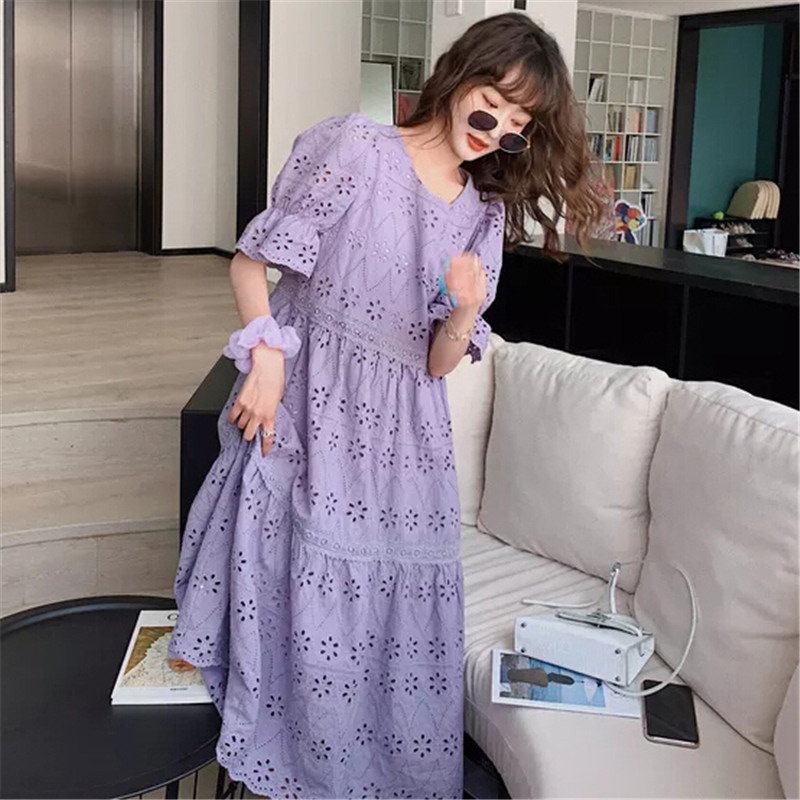 Đầm Tay Phồng Dáng Dài Rộng Đục Lỗ Thêu Họa Tiết Phong Cách Phương Tây Thời Trang Mùa Hè Hàn Quốc H4477