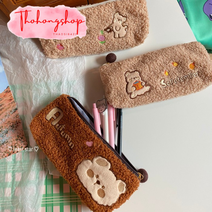 Hộp đựng bút, túi đựng bút bông xù gấu nâu Autumn, seretemper KT 24*9*4.5