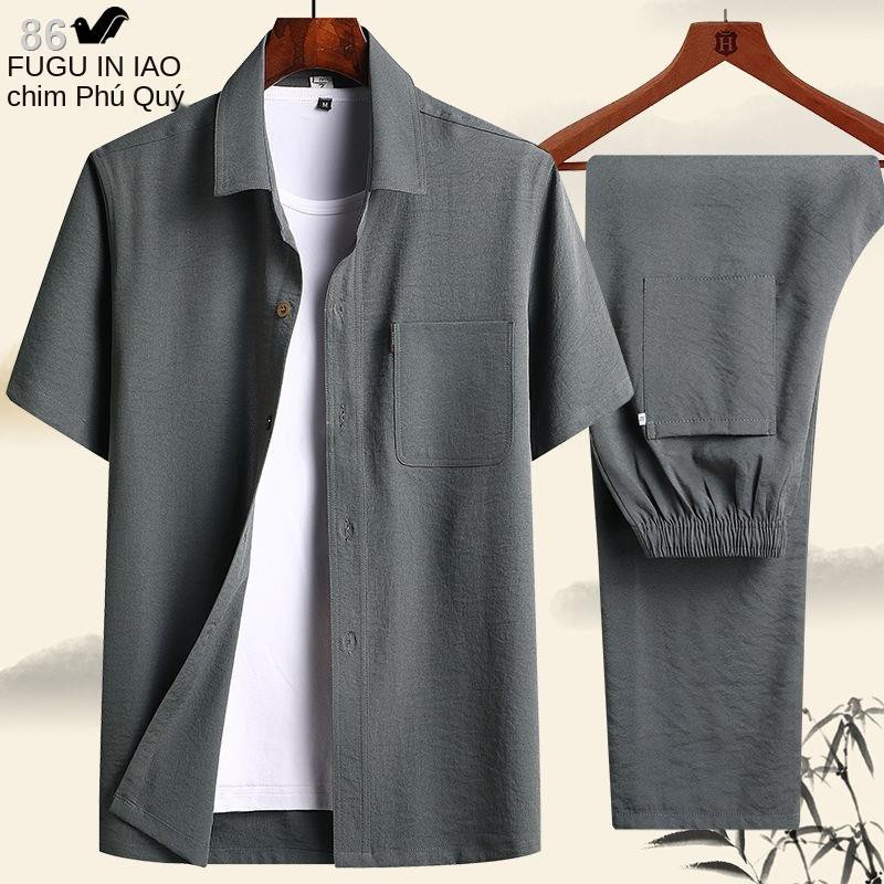 Bộ đồ hai mảnh họa tiết chim công ngắn tay áo sơ mi mùa hè băng lụa bố trung niên áo nửa tay áo ông nội quần áo nam giới