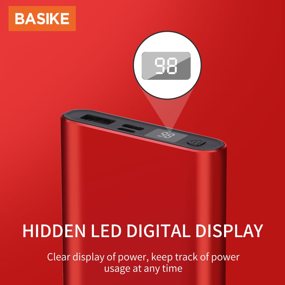 Sạc dự phòng 10000mAh BASIKE PT68P màn hình kỹ thuật số đèn LED vỏ kim loại mỏng nhỏ gọn cho iPhone Samsung Huawei