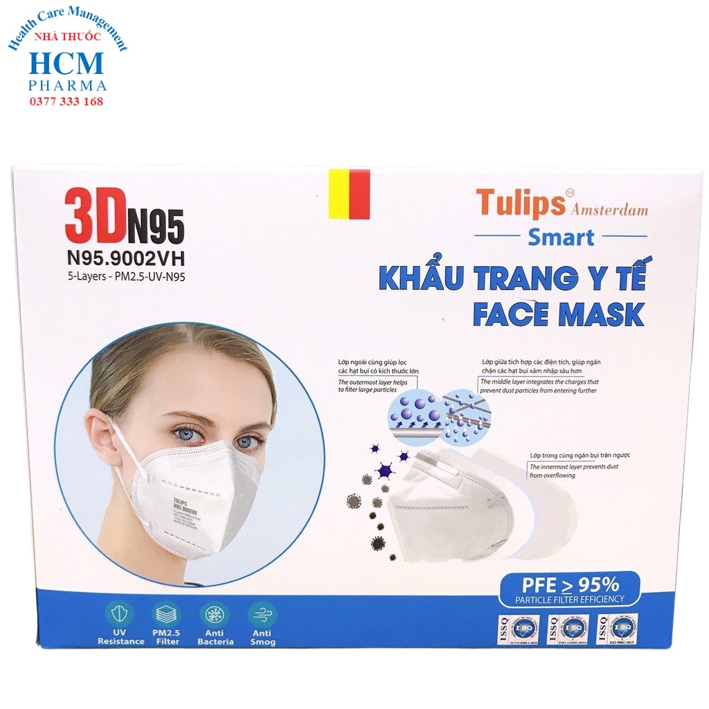 Khẩu trang N95 Tulips trẻ em và người lớn chính hãng có van thở và không van 1 cái HCM06