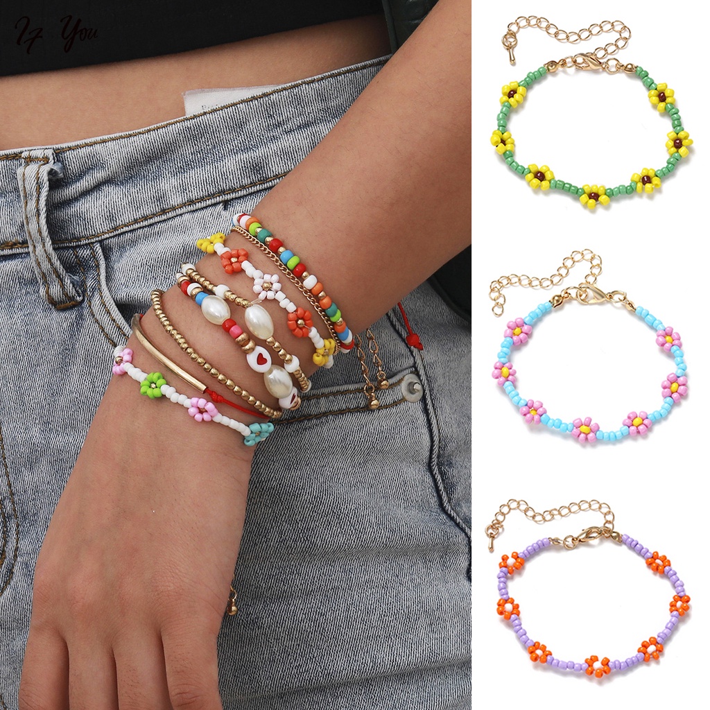 Vòng đeo tay Ay xỏ hạt tạo hình hoa/ phối ngọc trai thời trang Hàn Quốc cho nữ