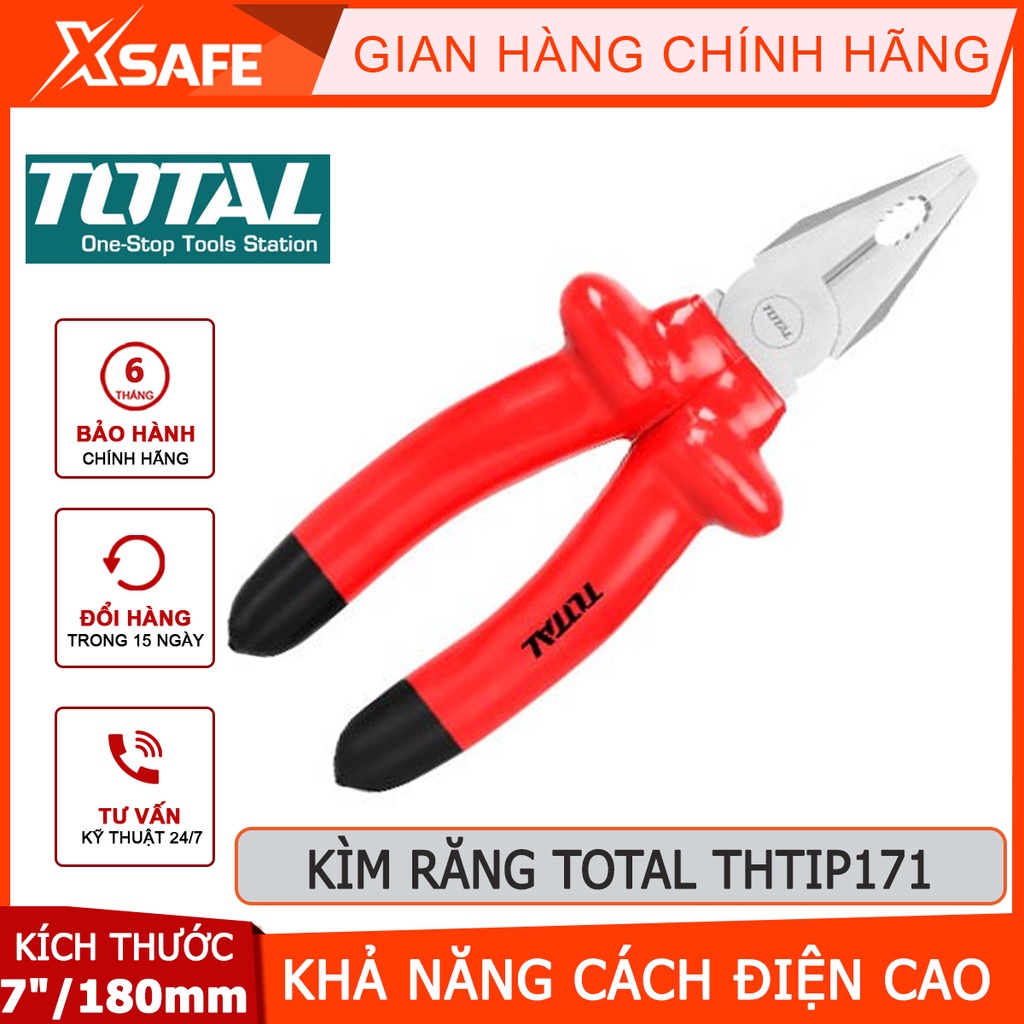 Kìm răng cách điện TOTAL THTIP171 | kềm cách điện Size 7&quot;/180mm, Kiểm tra 10000V cắt, kẹp, tuốt các loại dây cáp