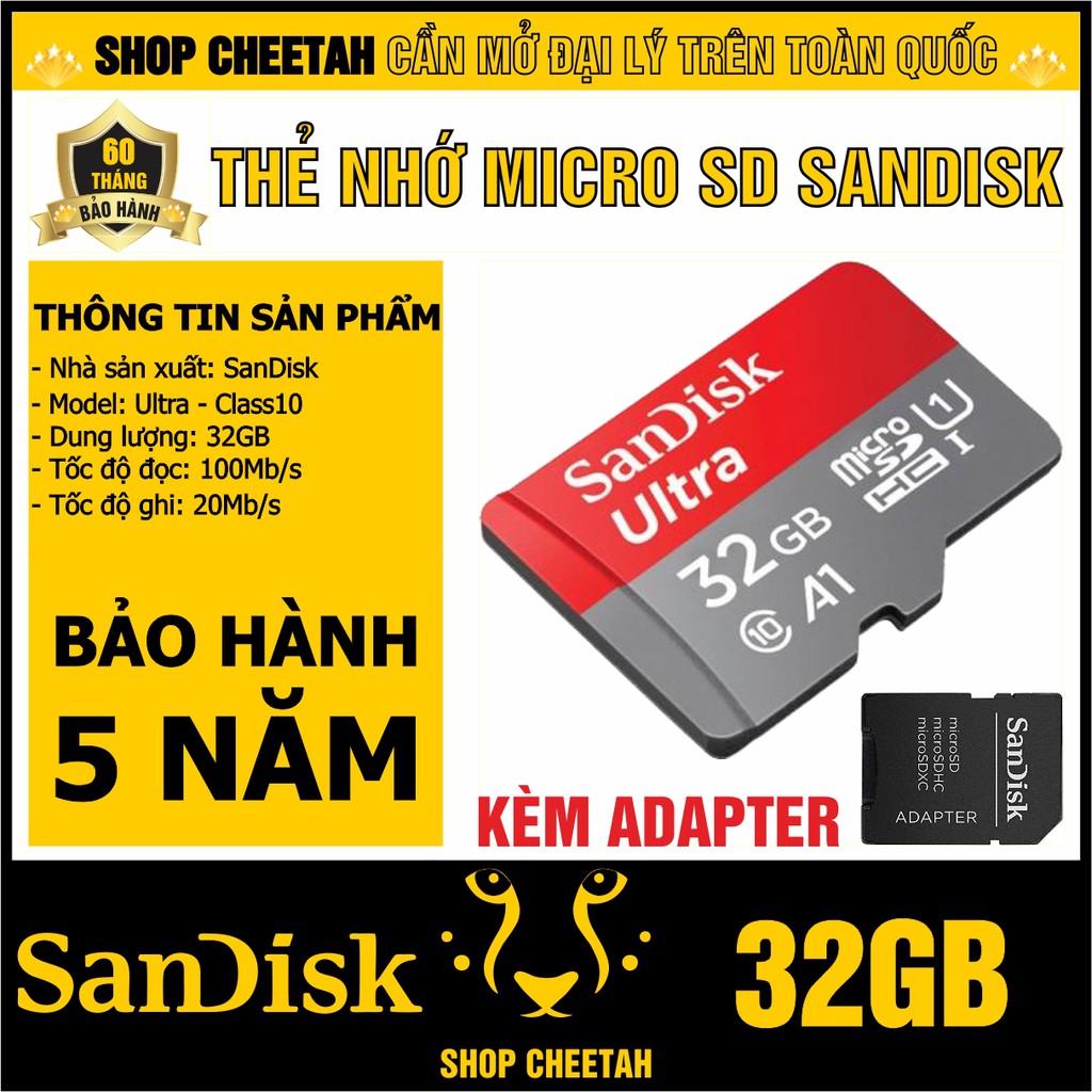 Thẻ nhớ SanDisk 32GB – SanDisk Ultra MicroSD – CHÍNH HÃNG – Bảo hành 5 năm – Kèm Adapter