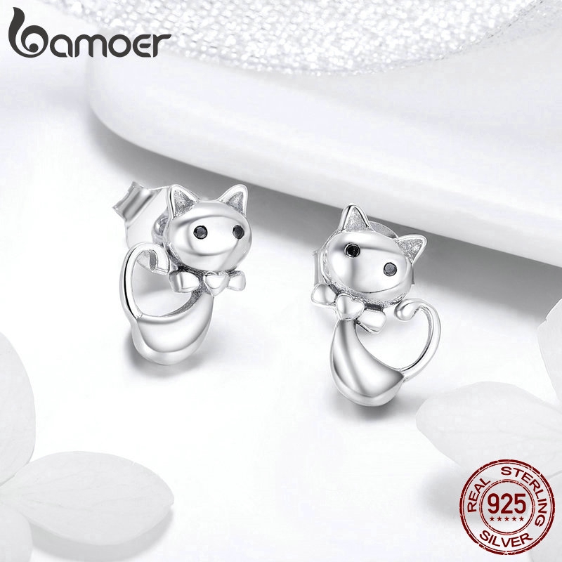 Bông Tai Bamoer Dạng Xỏ Lỗ Bằng Bạc Sterling 925 Hình Con Mèo Độc Đáo Cho Nữ