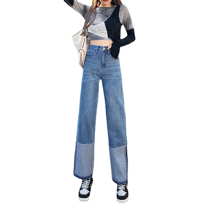 Quần bò dài ống suông rộng phối màu vải jeans cao cấp - Ngân Phan Boutique