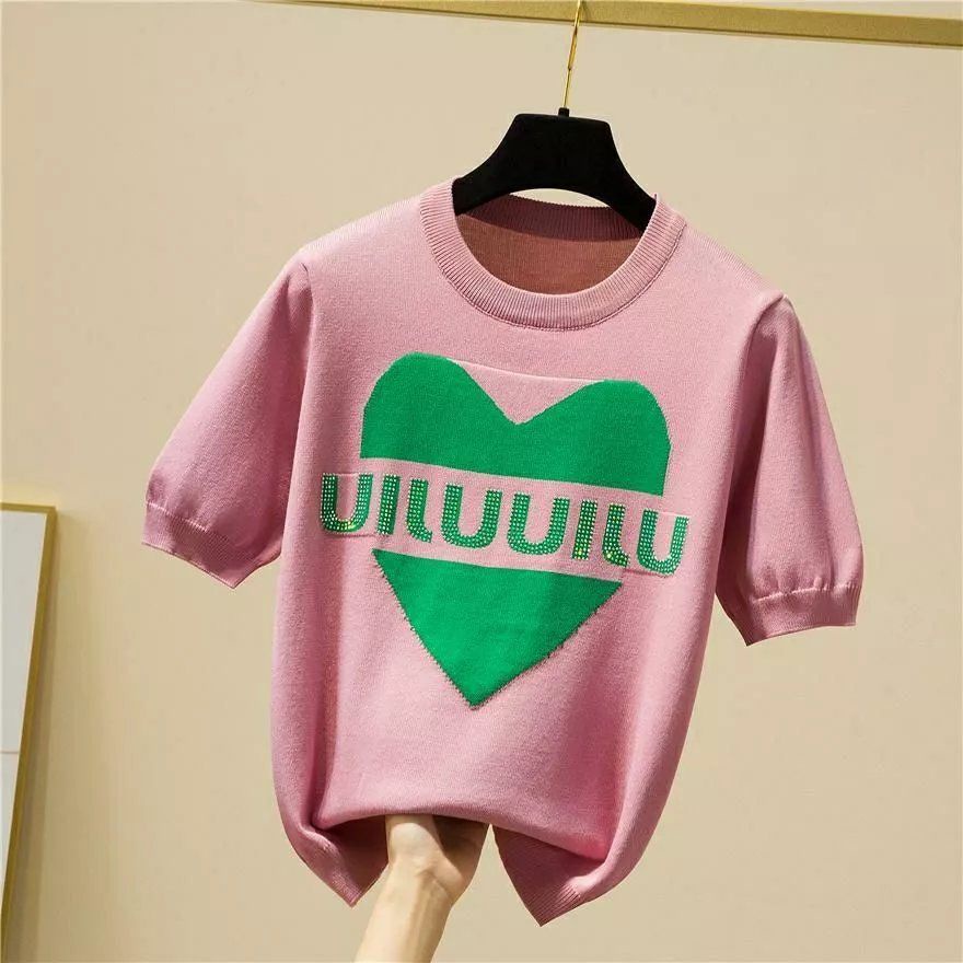 2022 summer new ice silk short sleeved hot diamond letter sweater loose T-shirt women's aging foreign style half sleeved top