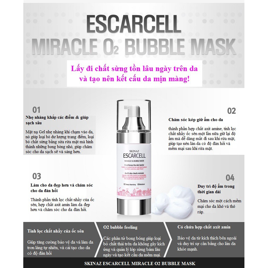 Tẩy Tế Bào Chết Mặt nạ bong bóng Escarcell Miracle Bubble O2 Mask Skinaz 8 in 1 -120ml