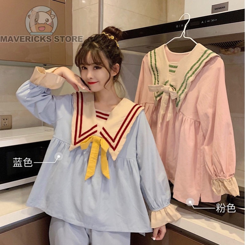 Bộ Đồ Ngủ Tay Dài Đính Nơ Dễ Thương Phong Cách Hàn Quốc Cho Nữ