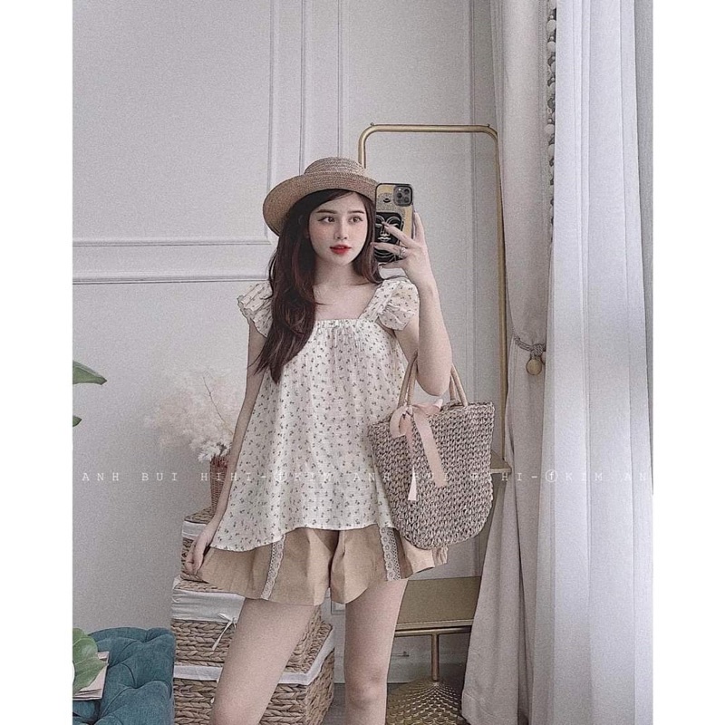 bán sỉ set áo hoa 2 dây bèo mix sooc váy viền ren